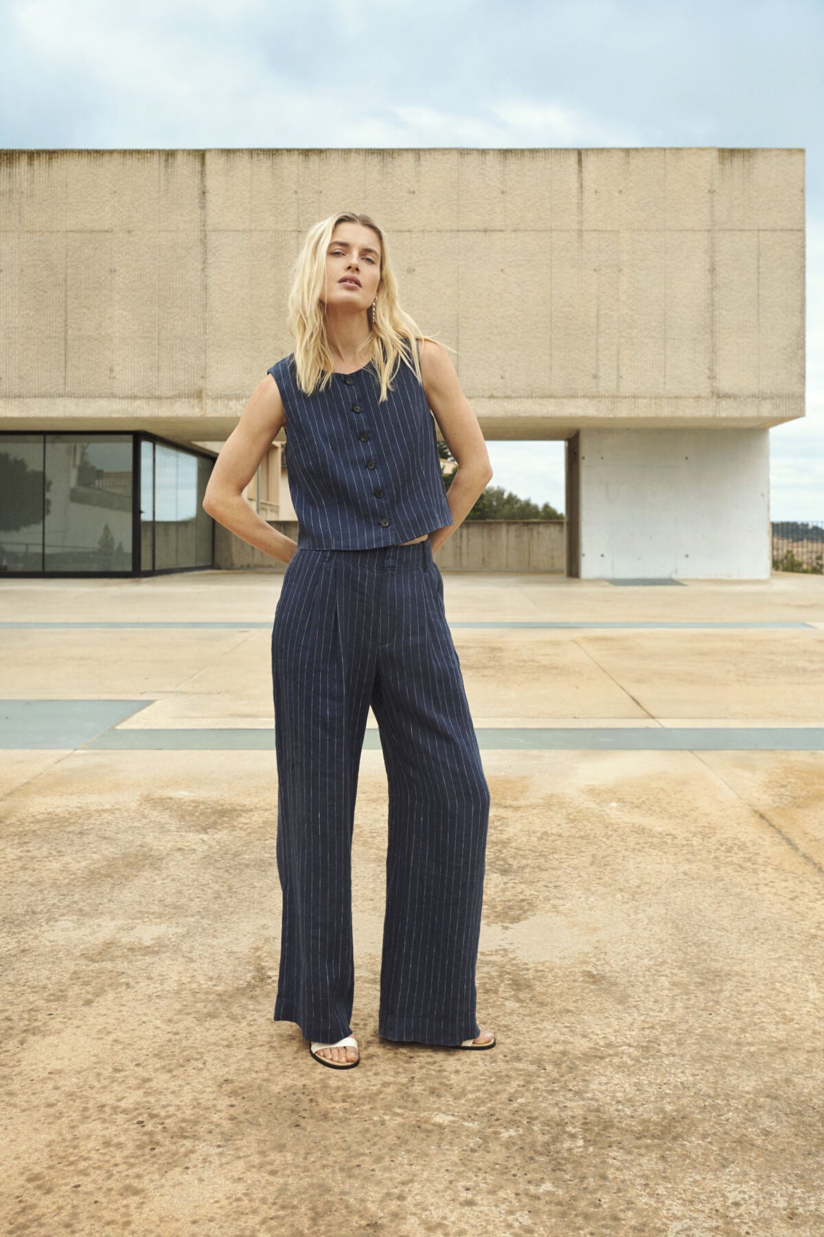 Part Two Aliya linen pinstripe trousers styled with matching waistcoat set