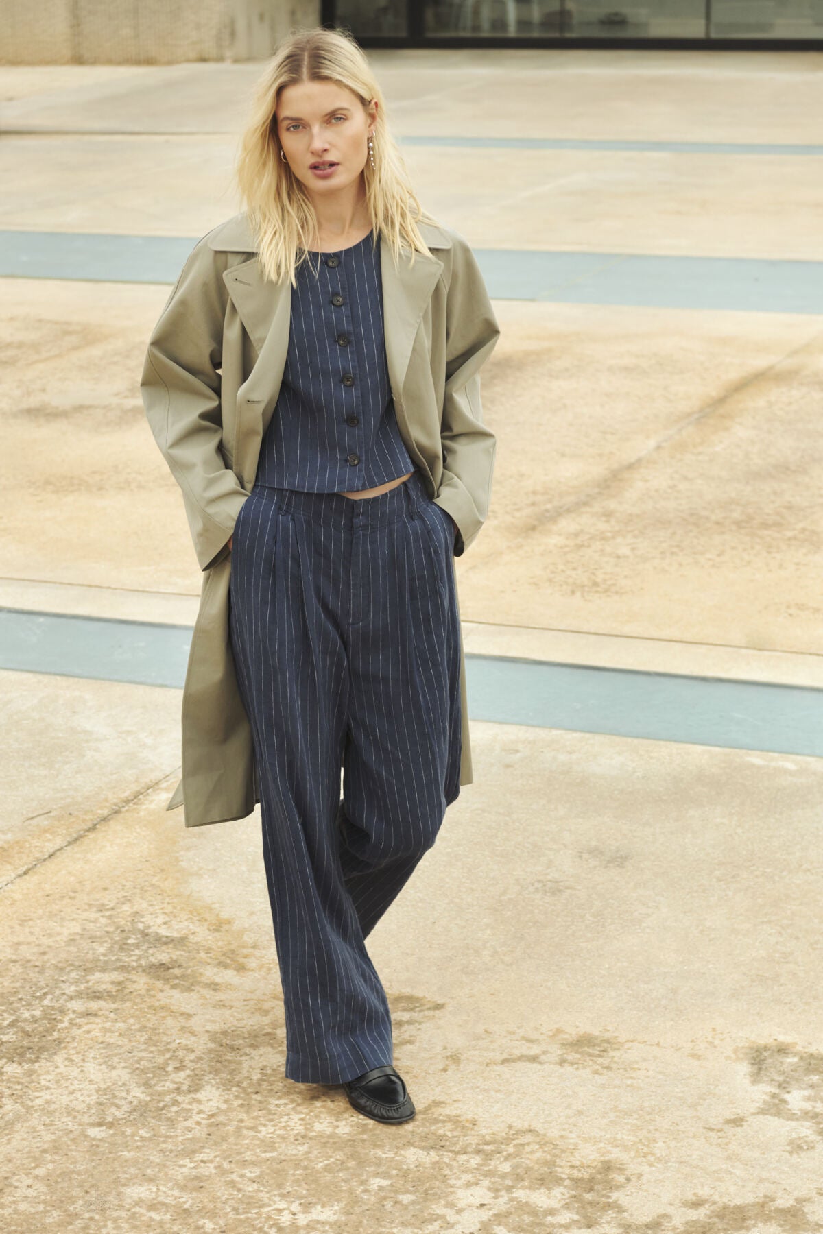 Part Two Aliya navy wide leg trousers model wearing with coat outfit