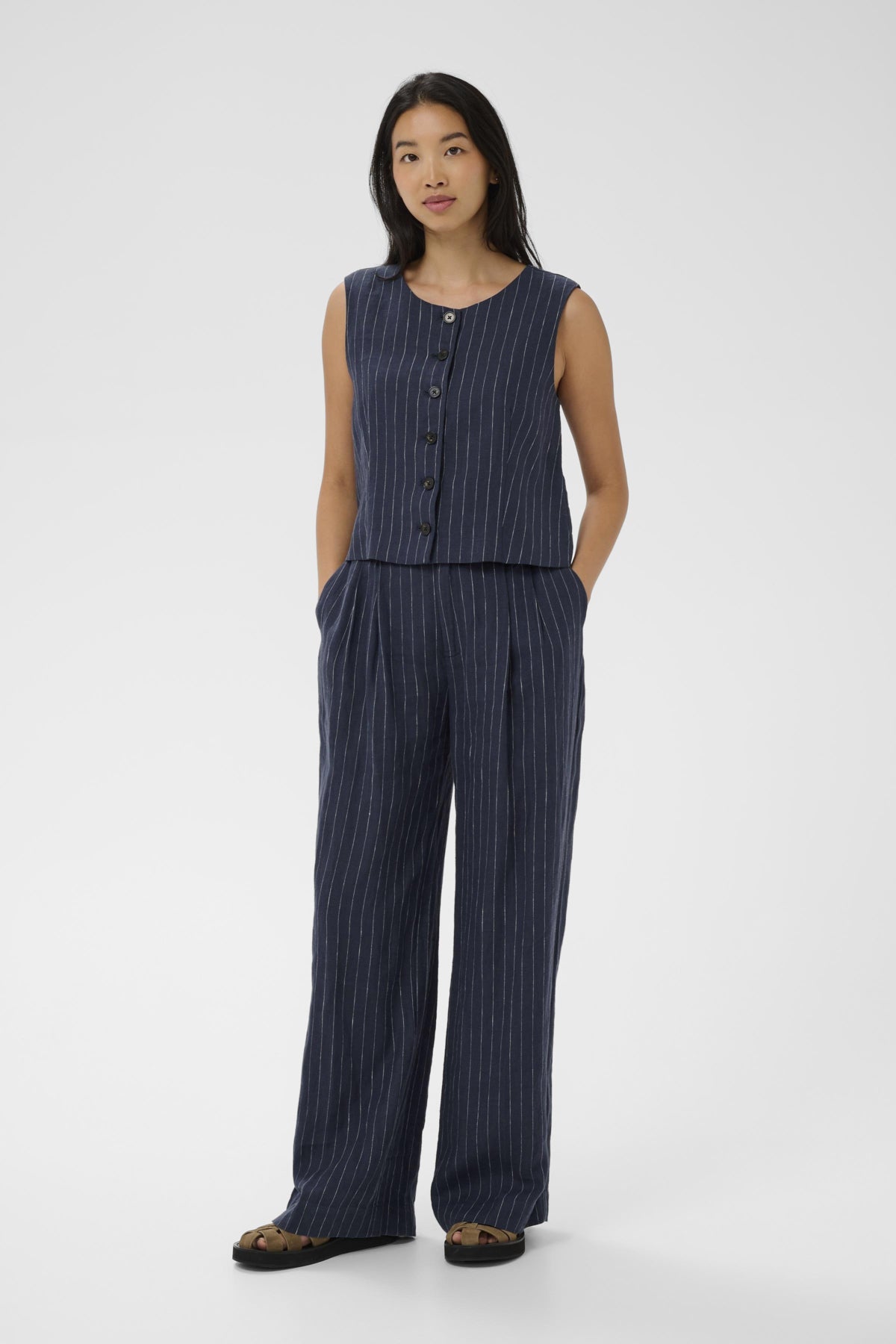 Part Two Aliya navy wide leg trousers linen pinstripe co-ord outfit set with waistcoat