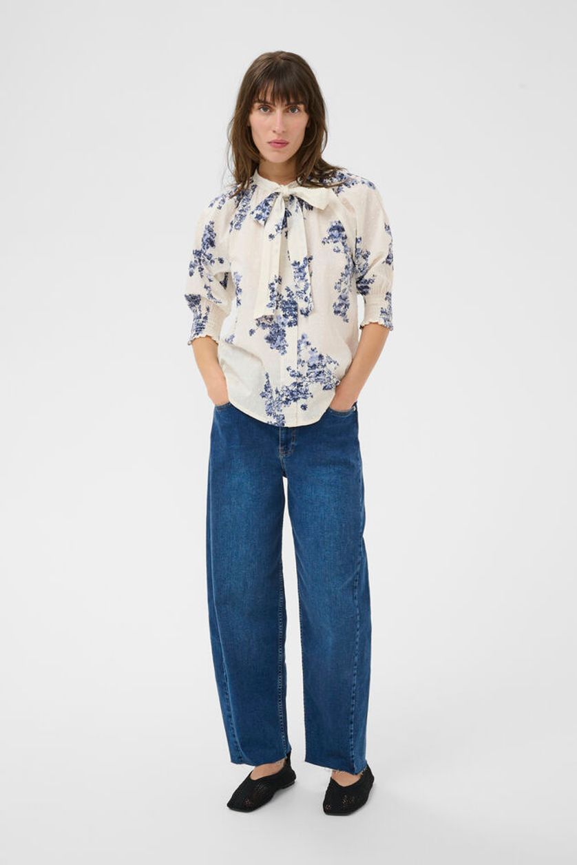 Part Two Almera floral blouse styled with wide leg jeans