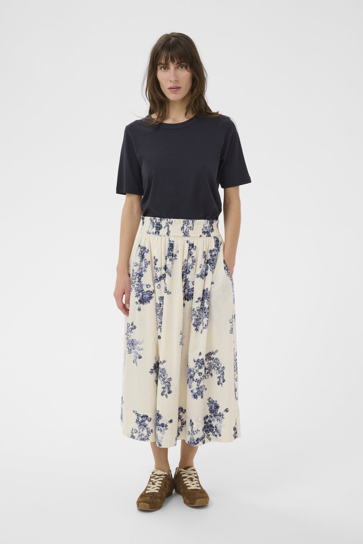 Part Two Amaia cream blue floral skirt styled with plain navy top