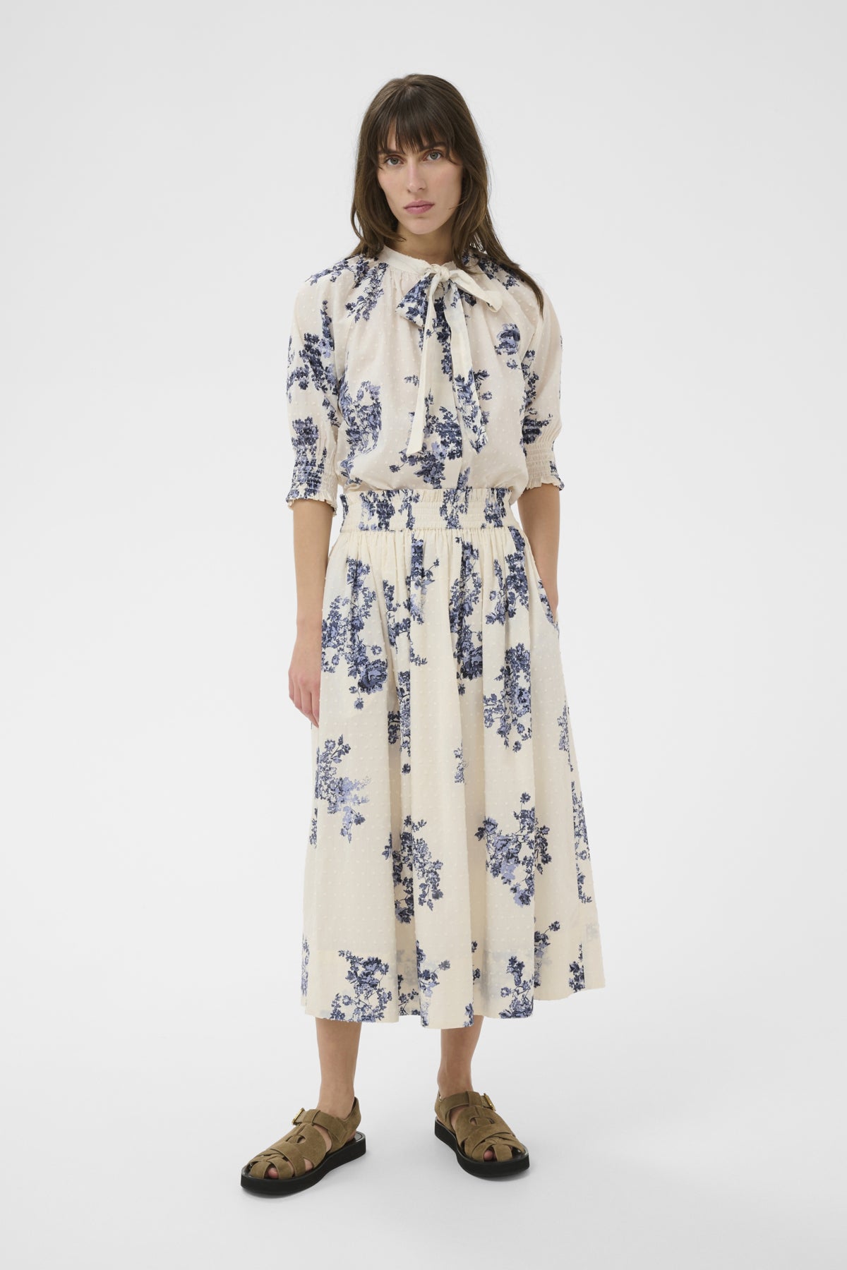 Part Two Amaia cream blue floral midi skirt with matching co-ord top