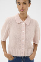 Part Two Vermoni collared short sleeve pink cardigan front view soft knit