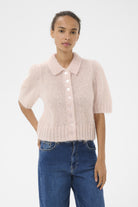 Part Two Vermoni short sleeve light pink cardigan front angled view button detail