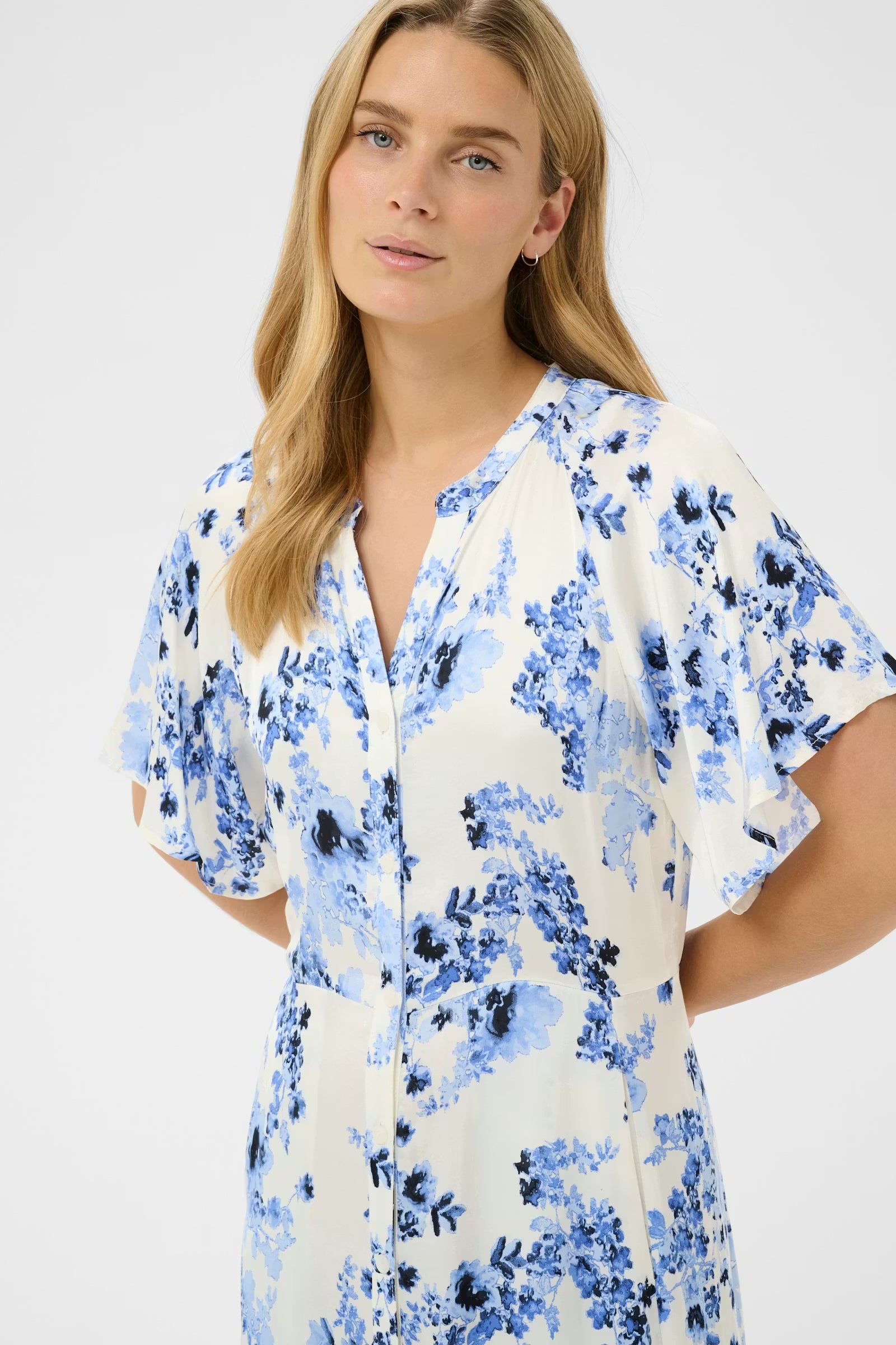 Part Two Alaja blue floral midi dress V neck button front detail