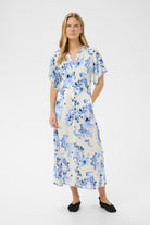 Part Two Alaja blue floral button down midi dress front view