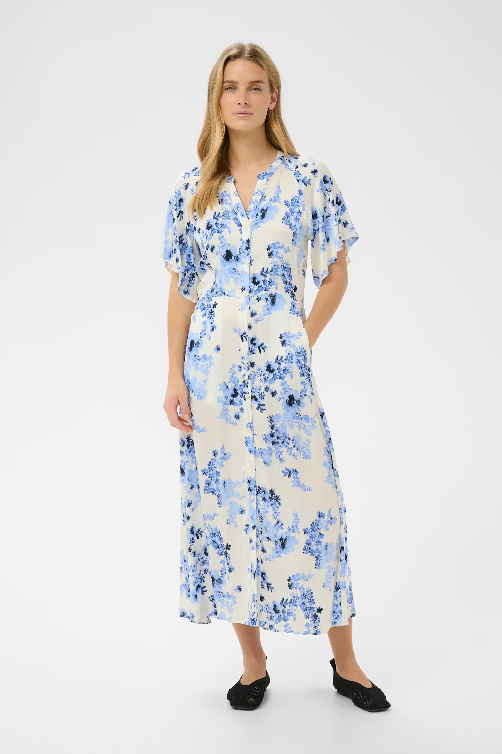 Part Two Alaja blue floral button down midi dress front view
