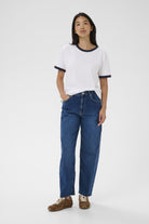 Part Two Angelita white organic cotton ringer T-shirt styled with denim