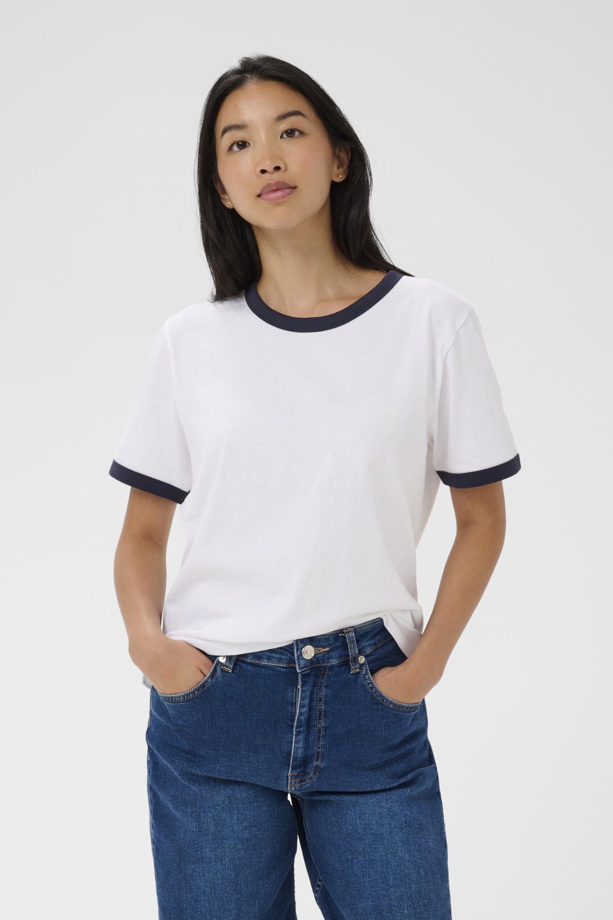 Part Two Angelita organic cotton ringer T-shirt white with navy trim front view