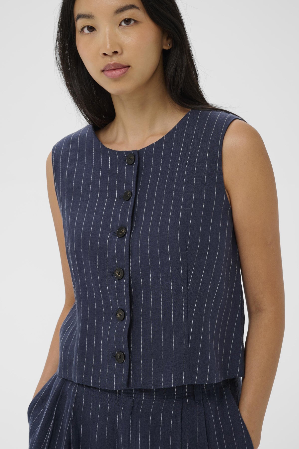 Part Two Azania navy linen pinstripe waistcoat