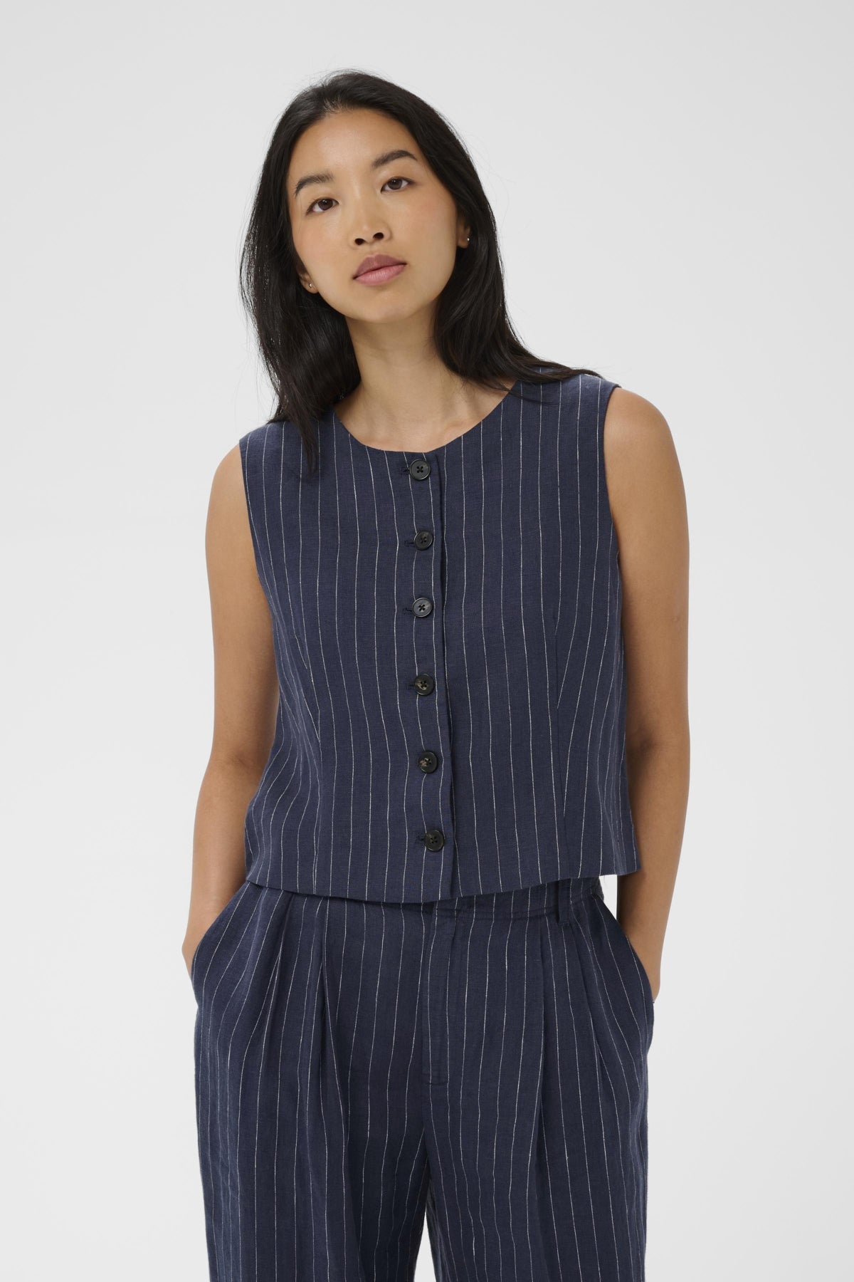 Part Two Azania navy pinstripe waistcoat front view