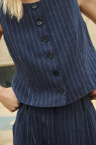 Part Two Azania navy pinstripe waistcoat button detail
