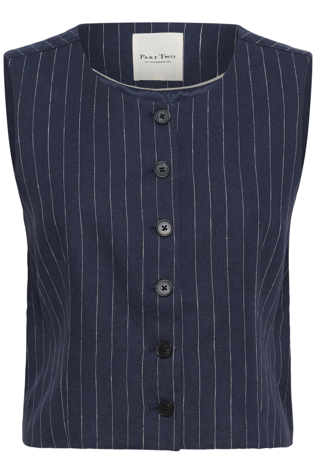 Part Two Azania navy pinstripe waistcoat close front