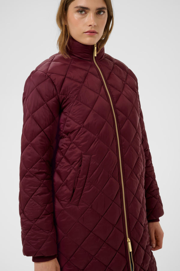 Part Two Olilana burgundy quilted padded coat close-up showing funnel neck collar