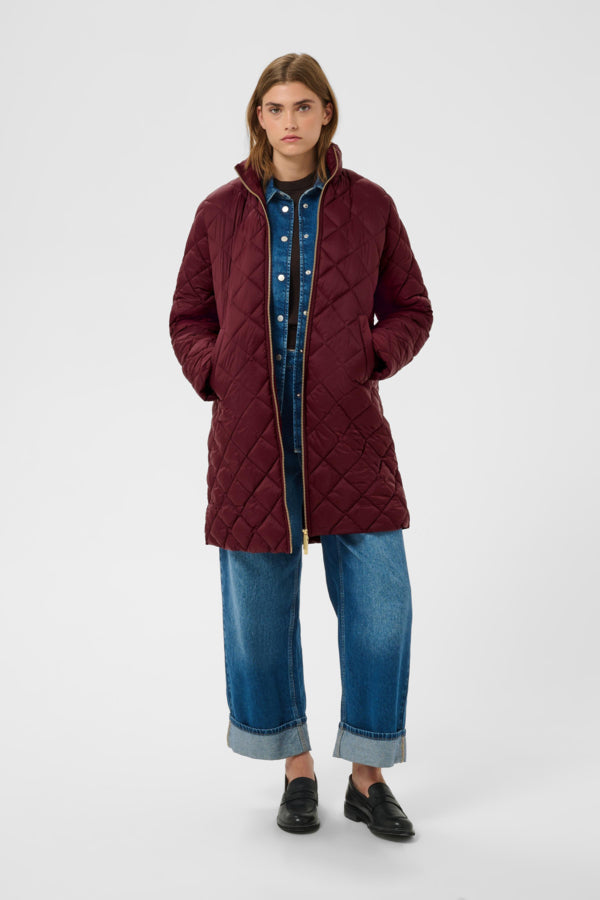     Part Two Olilana burgundy long diamond quilted coat front view on model