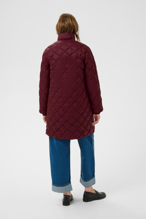 Part Two Olilana burgundy diamond quilted coat back view on woman 