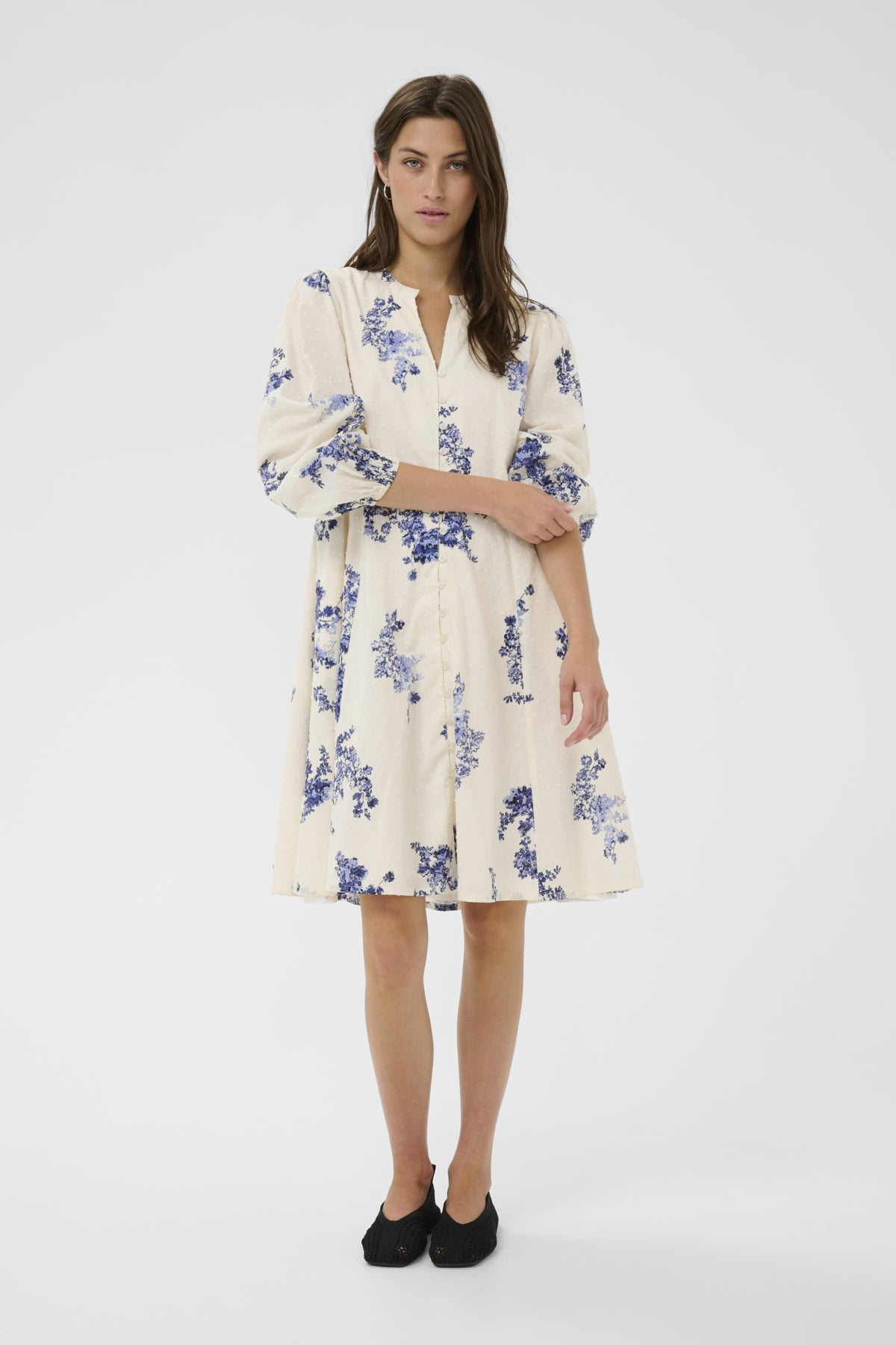 Part Two Avira blue floral print dress front view tie waist knee length