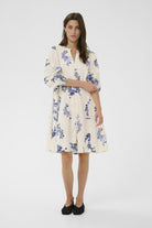 Part Two Avira blue floral print dress front view tie waist knee length