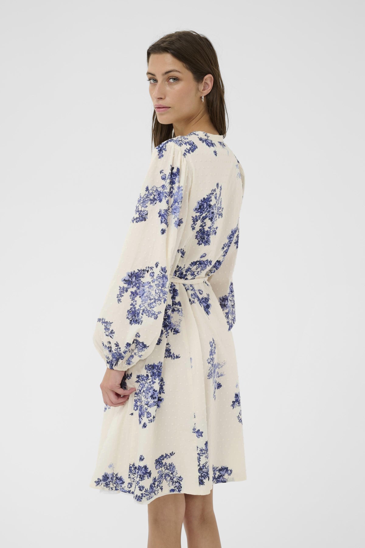 Part Two Avira floral dress back view long sleeve cream blue print