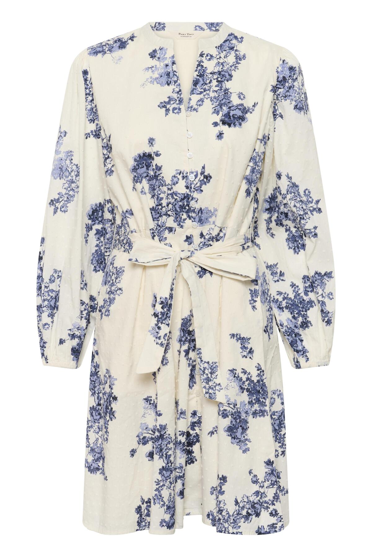Part Two Avira floral dress waist tie detail cream blue print