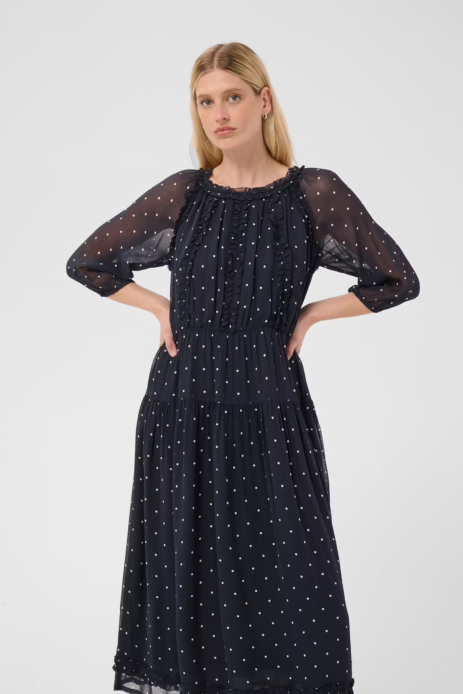 Part Two navy spot midi dress with sheer sleeves