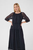 Part Two navy spot midi dress with sheer sleeves