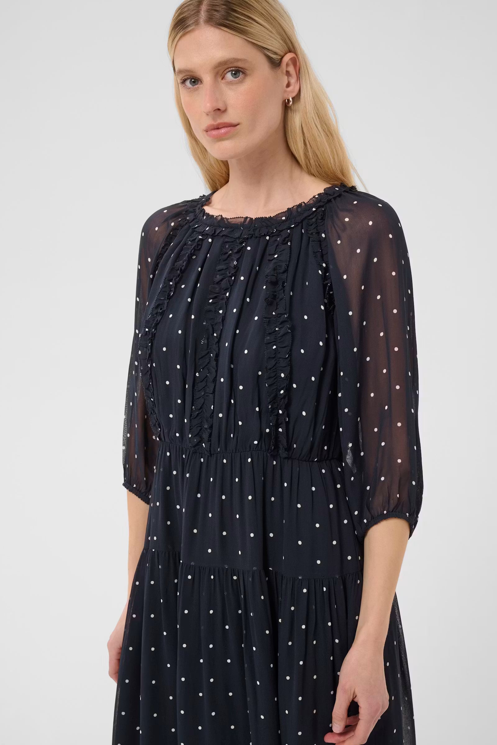 Part Two Draga frill detail polka dot dress close up