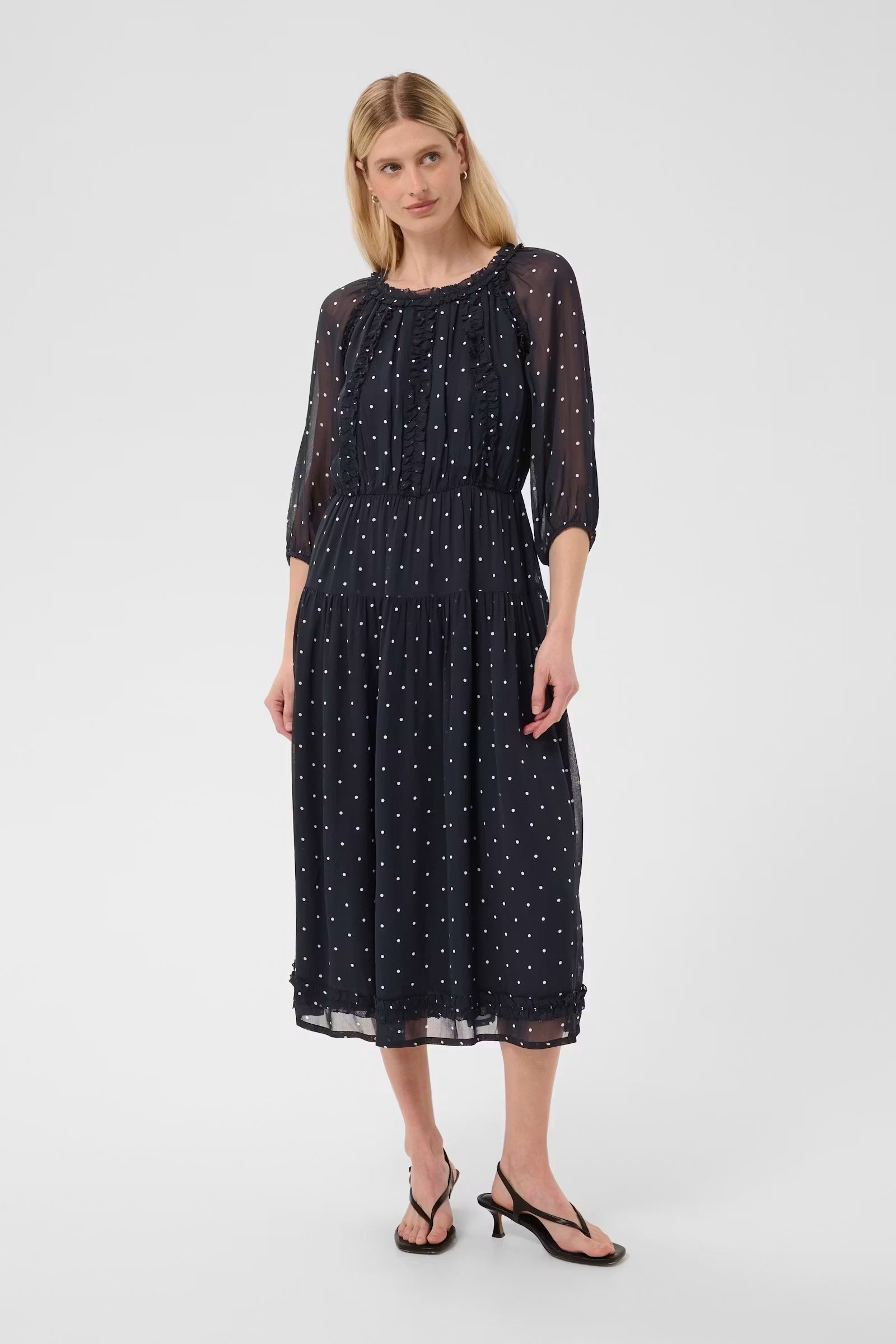 Part Two Draga navy polka dot midi dress front view