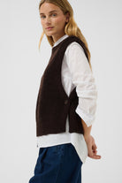 Part Two Charlye knitted waistcoat side view showing statement buttons