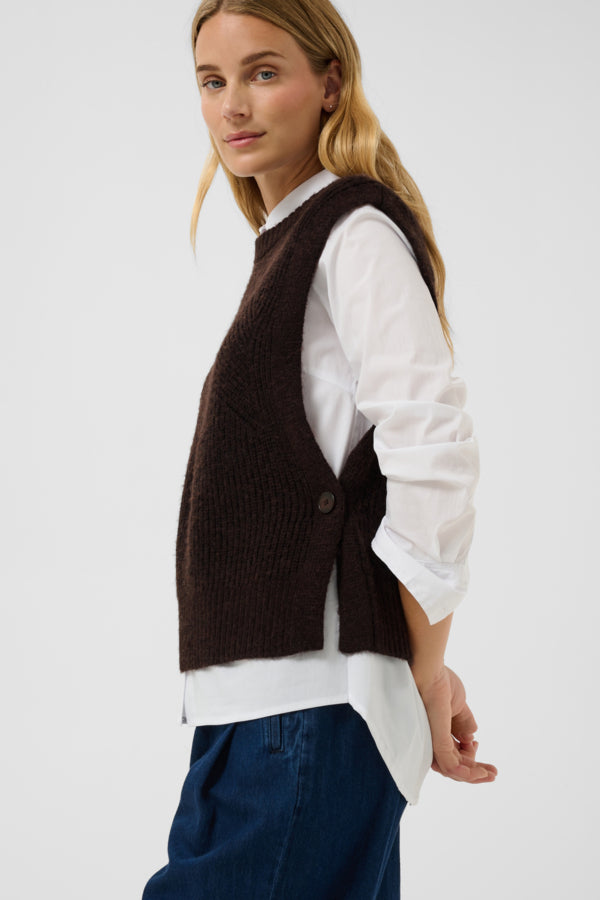 Part Two Charlye knitted waistcoat side view showing statement buttons