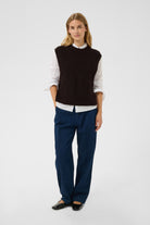 Part Two Charlye sleeveless knitted waistcoat styled with white shirt and jeans