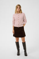Part Two Chanie light pink wool blend cardigan styled with brown mini skirt