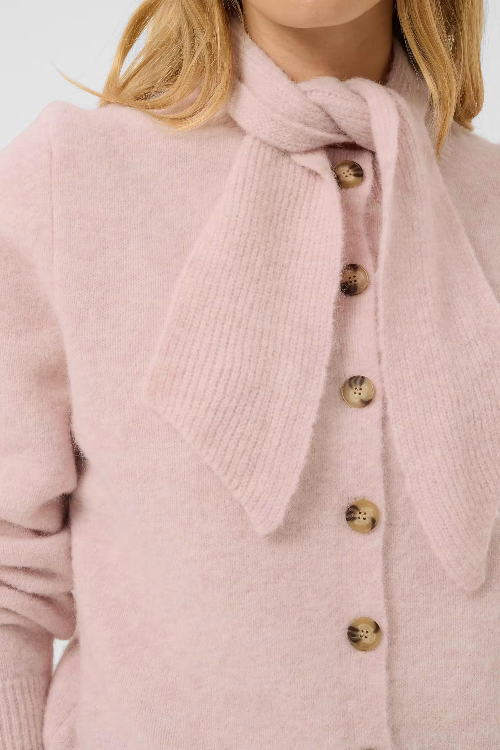 Part Two Chanie pink scarf cardigan close-up showing neck tie and buttons