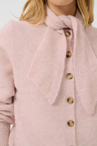 Part Two Chanie pink scarf cardigan close-up showing neck tie and buttons