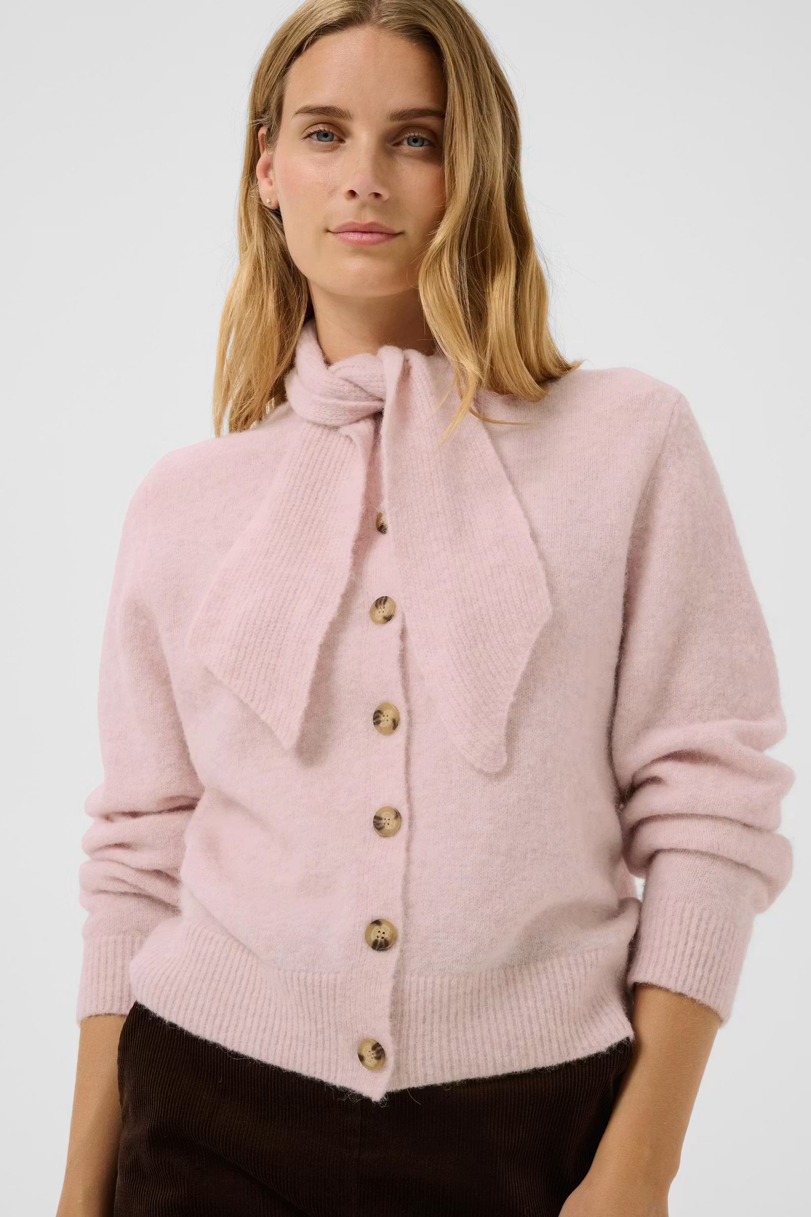 Part Two Chanie pink button cardigan front view with removable scarf tied