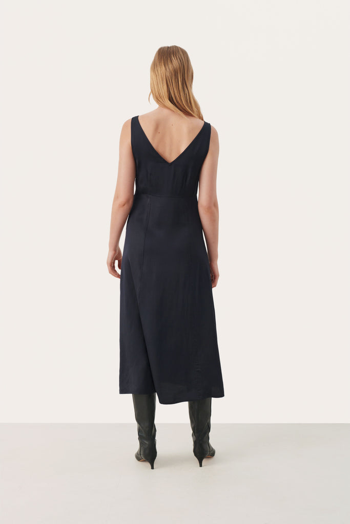 Part Two Castanie Navy Long Sleeveless Slip Style Dress From The Back