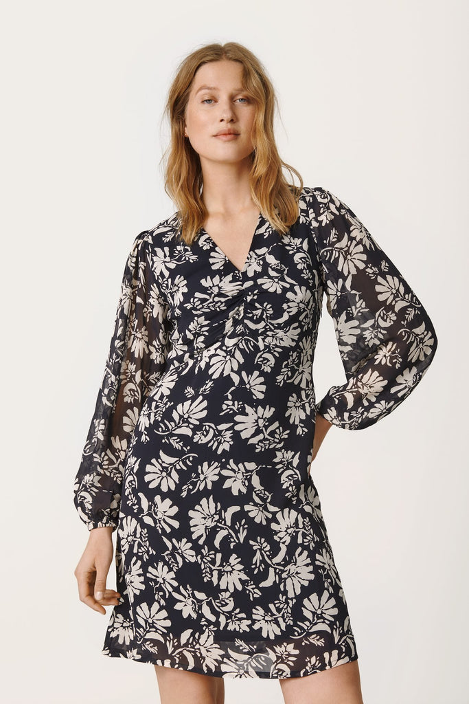 Part Two Fionia Navy/White Floral Print Dress With Long Sleeves 