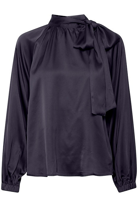Part Two Vilia Navy Silky Tie Neck Blouse With Long Balloon Sleeves 