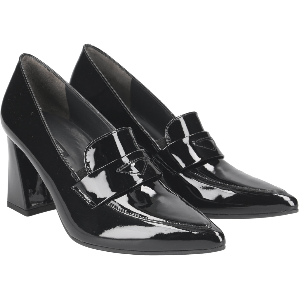Paul Green Pointed Patent Black Court Shoe With Block Heel