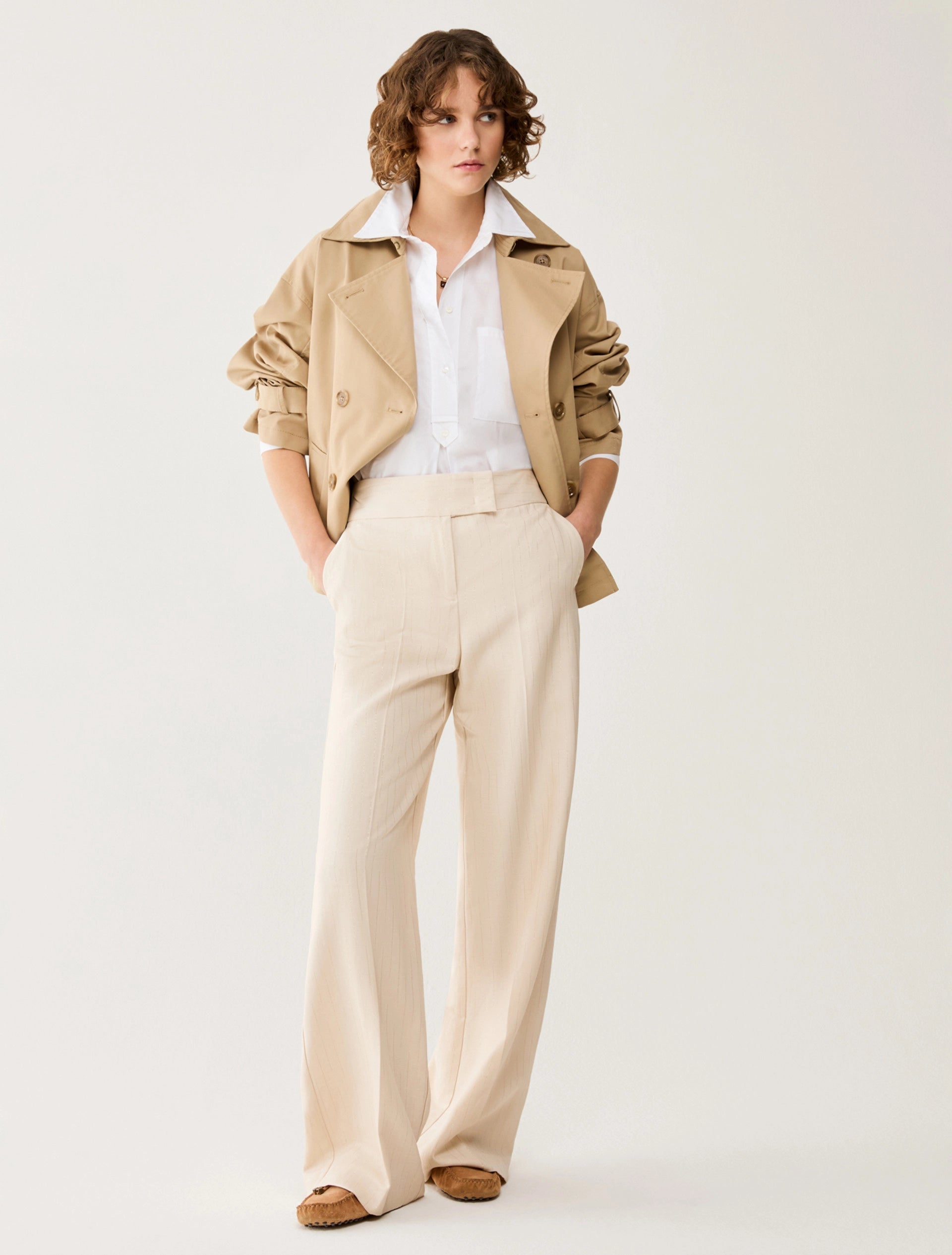 Penny Black cream wide leg trousers styled with jacket