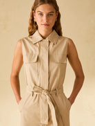 Penny Black khaki jumpsuit sleeveless shirt collar top detail