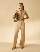 Penny Black cotton poplin jumpsuit khaki tie waist front view