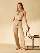 Penny Black khaki cotton poplin sleeveless jumpsuit front view full length