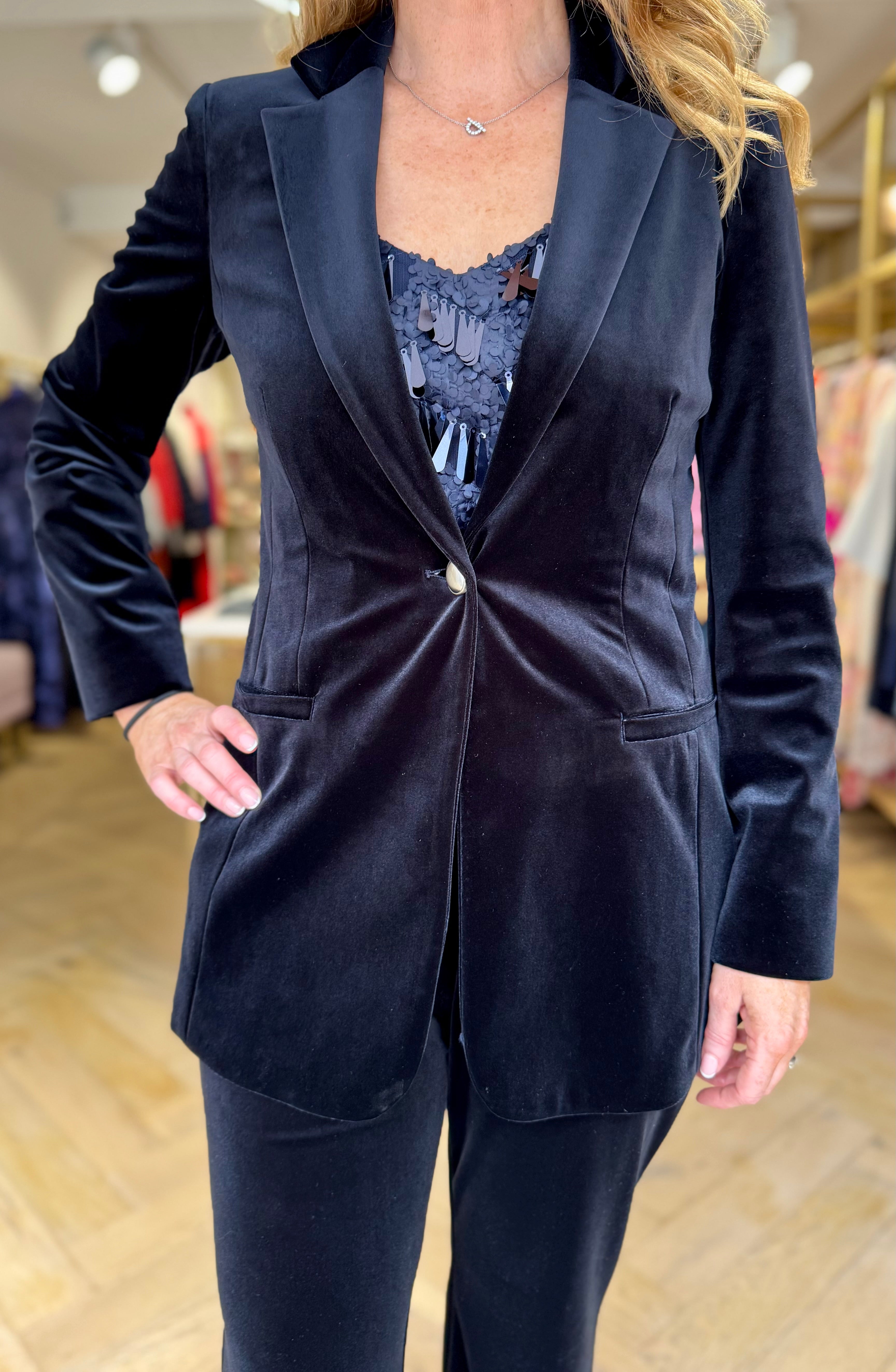 Front view of Penny Black Lucia navy velvet blazer with single-button closure