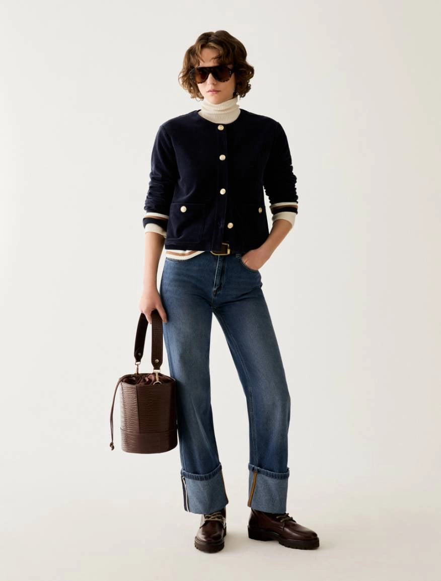 Pennyblack navy smart casual jacket styled with jeans