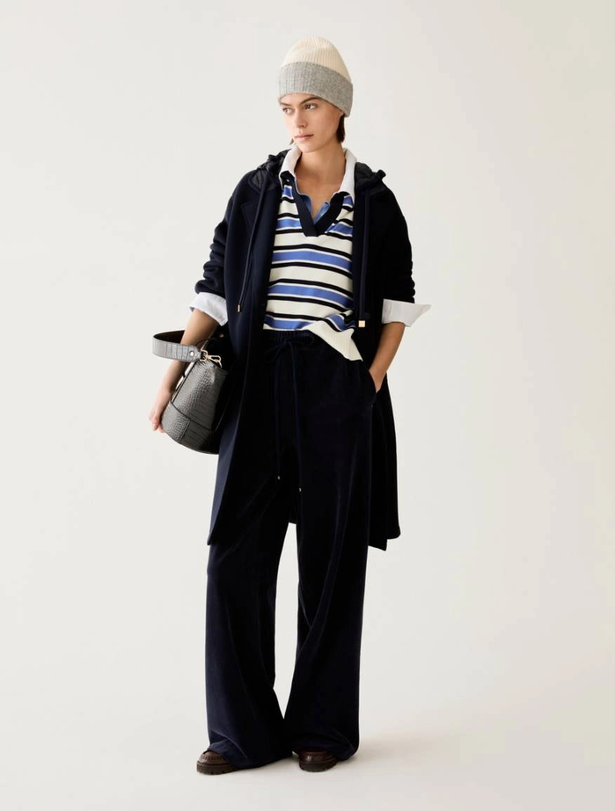 Pennyblack navy wide-leg joggers styled with a striped knit and long coat