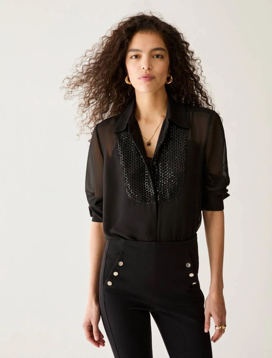 Pennyblack PBPAQUILA black sequin georgette shirt – front model view