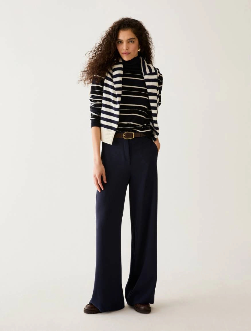 Pennyblack navy wide leg trousers styled with knitwear
