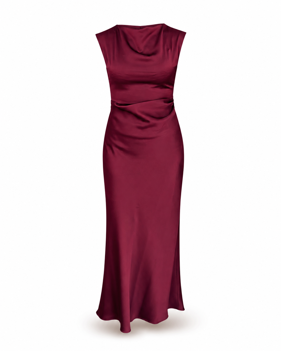 Penny Black Rodeo burgundy ruched satin midi dress front view