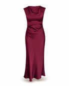 Penny Black Rodeo burgundy ruched satin midi dress front view